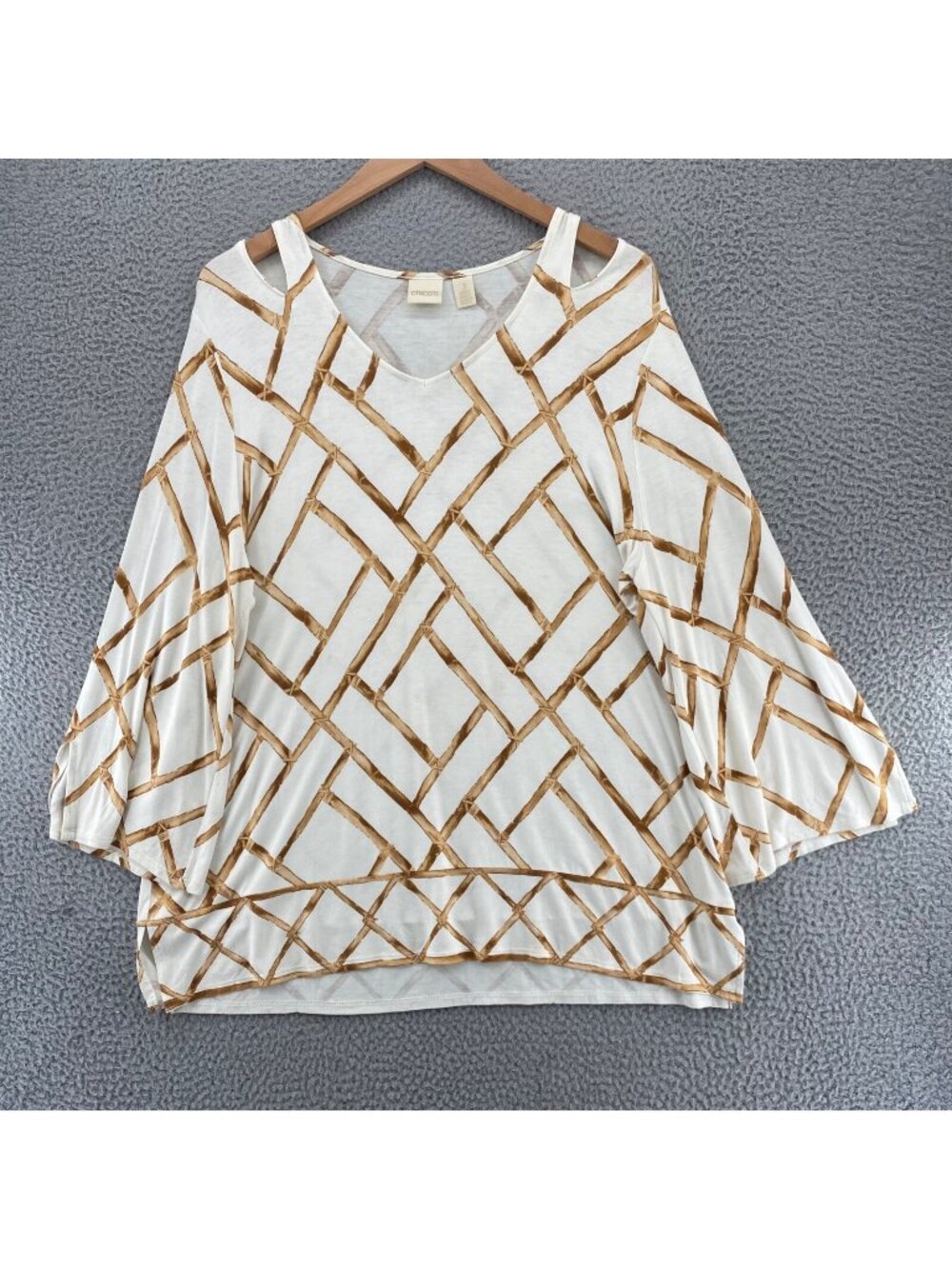 Chicos Top Womens 3 US Extra Large White Bamboo Print 3/4 Sleeve Stretch